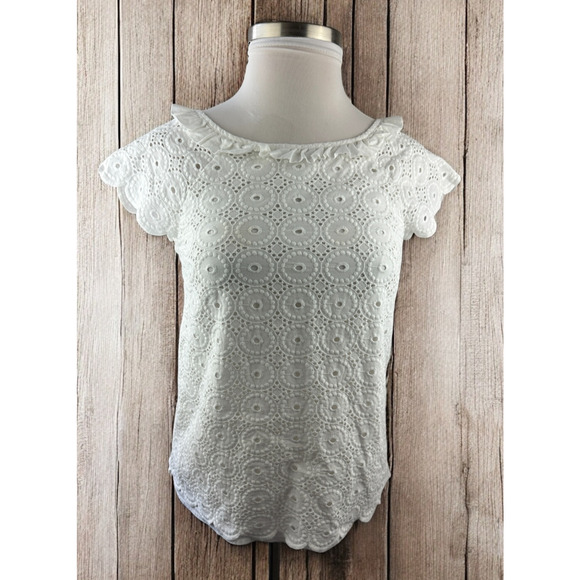 Lilly Pulitzer Crochet Eyelet Blouse Cap Short Sleeve Ruffle Button Back Size 8 - Picture 15 of 15